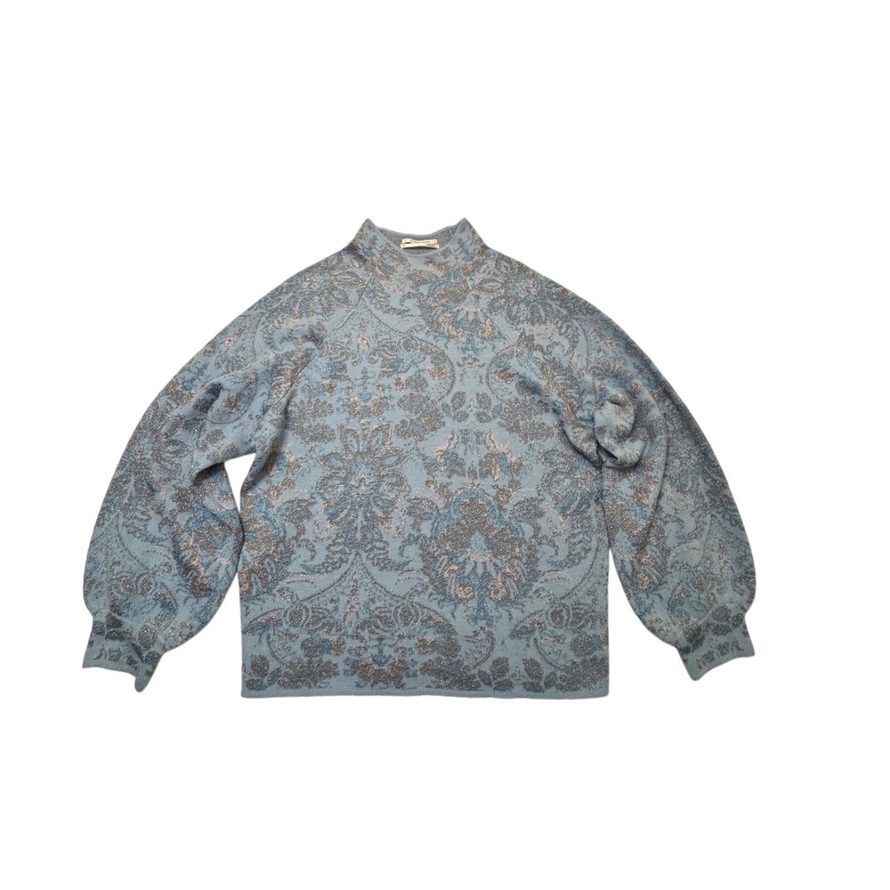 Anthropologie Blue Metallic Silver Paisley Jacquard Sweater Medium Sparkle Boho